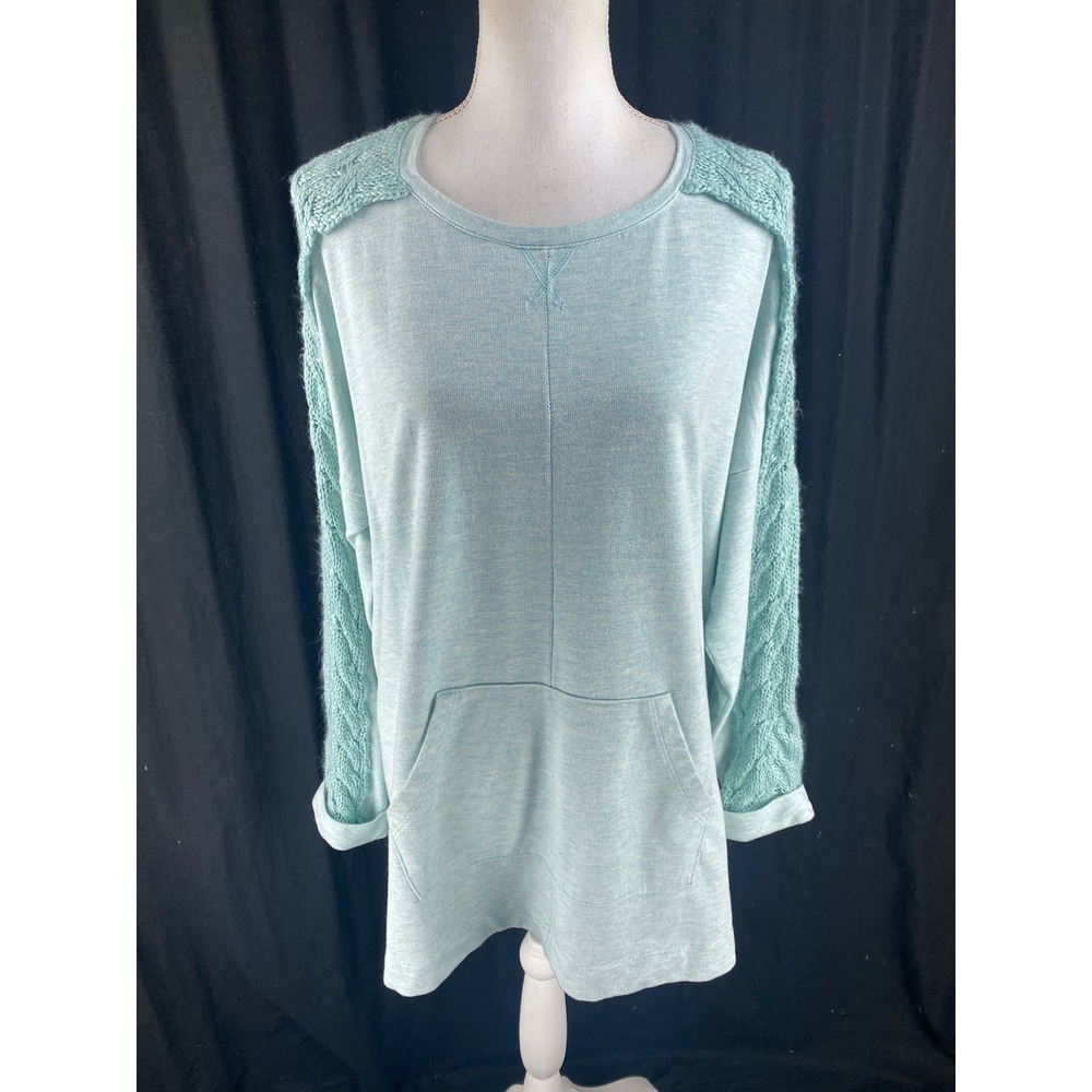 Soft Surroundings Ana Cable Knit Sleeve‎ Pullover Sweatshirt Aqua Top